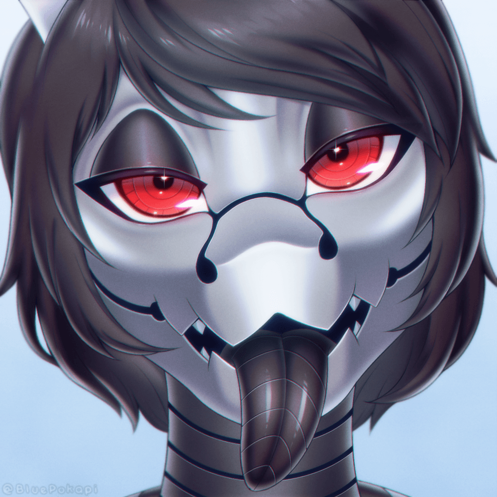 Close-up illustration of Flosk with red eyes, black hair, and a silver mechanical face.