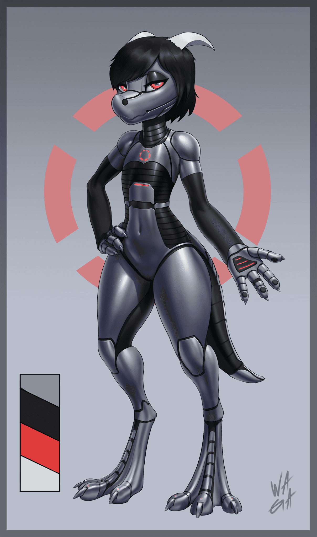 Full-body reference of Flosk standing with one hand extended, showing metallic gray panels, dark joints, red accents, and a segmented tail; color swatches sit beside the figure.
