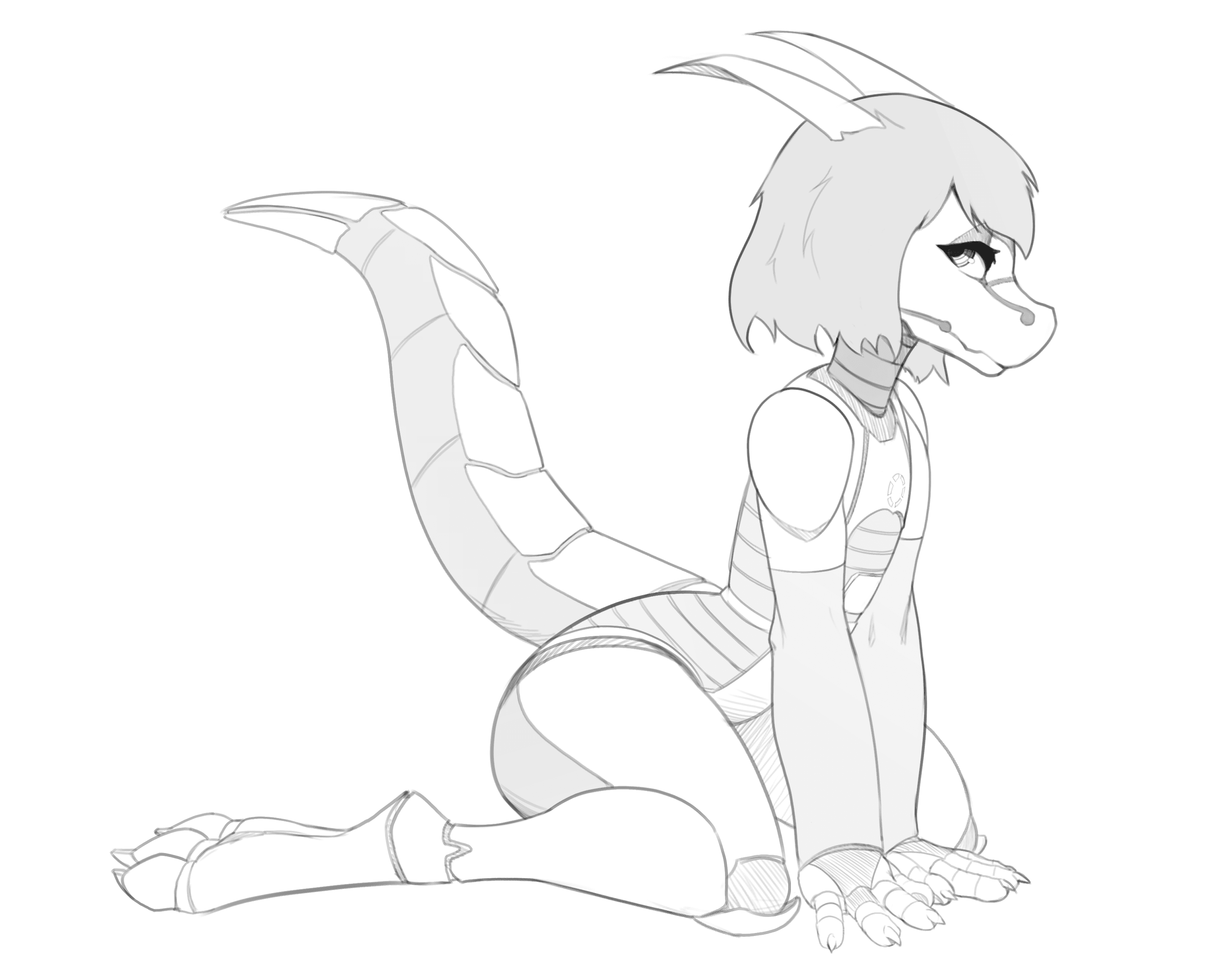 Grayscale drawing of Flosk seated in profile, with a curved segmented tail and hands resting on the ground.
