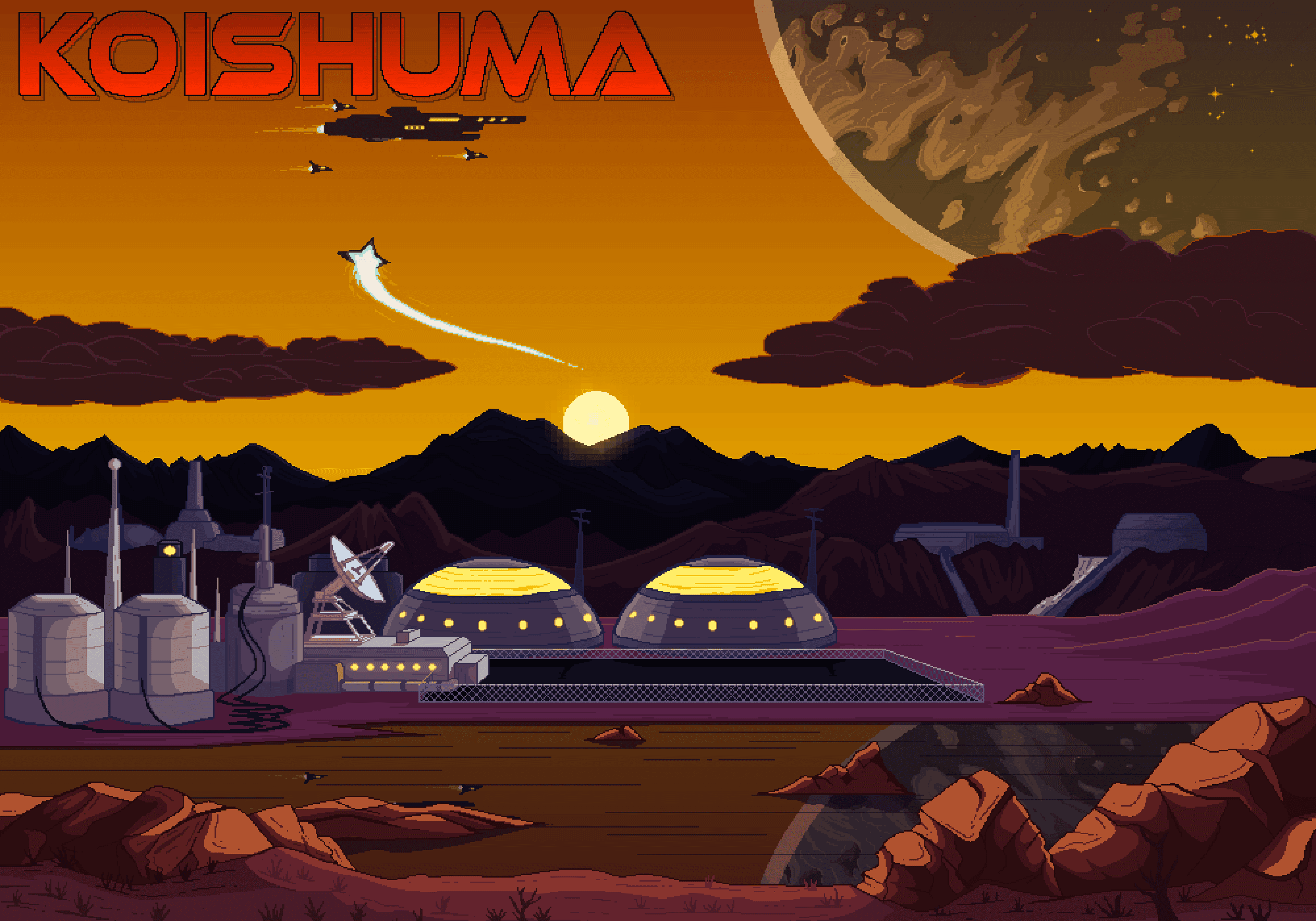 Pixel artwork labeled Koishuma: domed buildings and mountains beneath an orange sky, spacecraft, and a large planet.