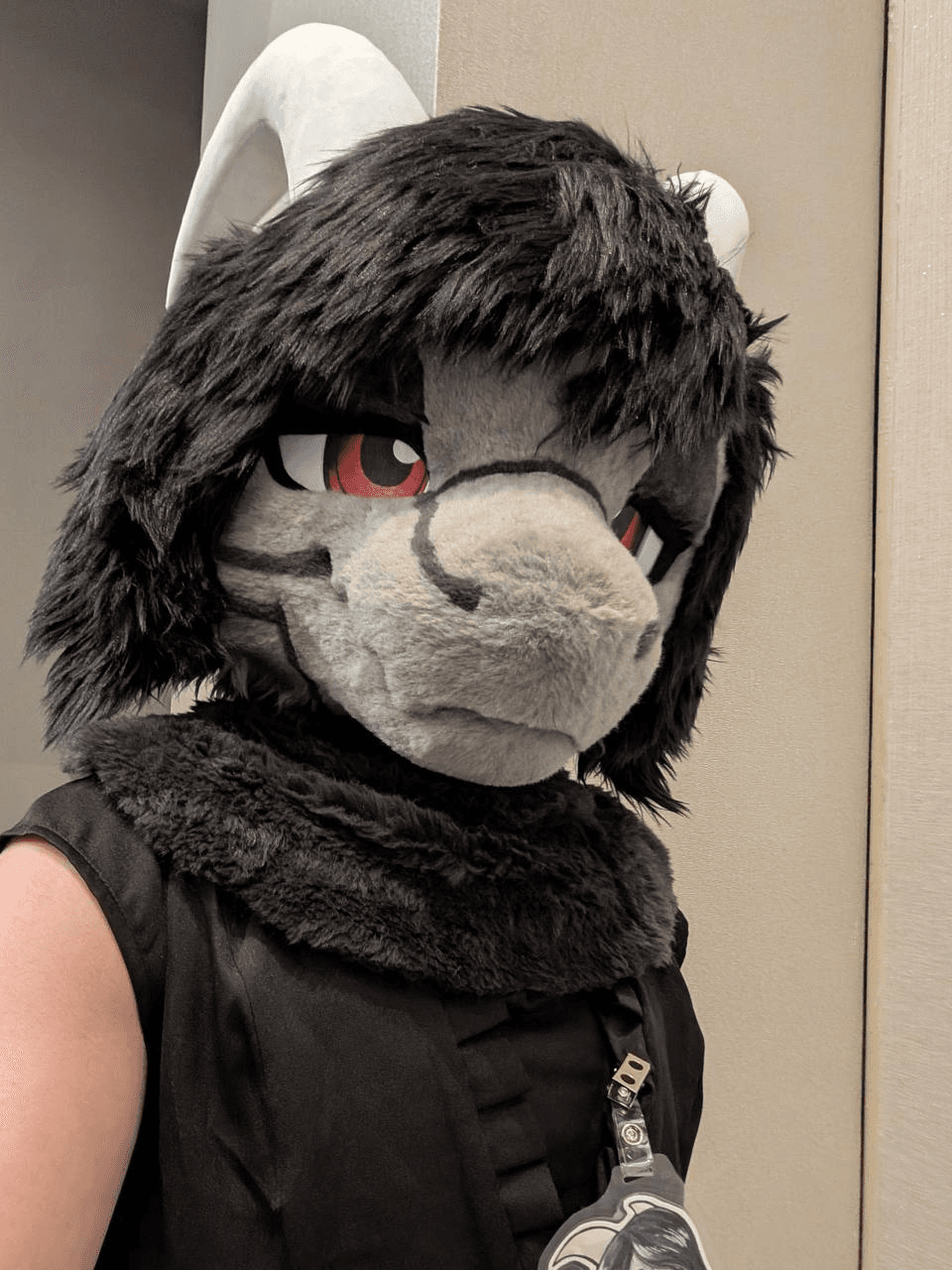 A close-up of Flosk in a gray fursuit with black hair, pale horns, red eyes, and a black vest.