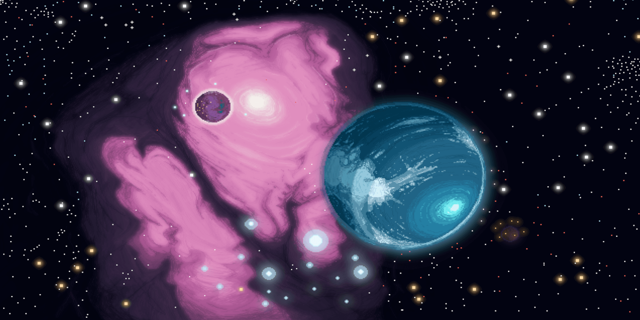 Pixel-art space view of the Keria V setting, with a large blue planet and a smaller purple world against a pink nebula and star-filled sky.